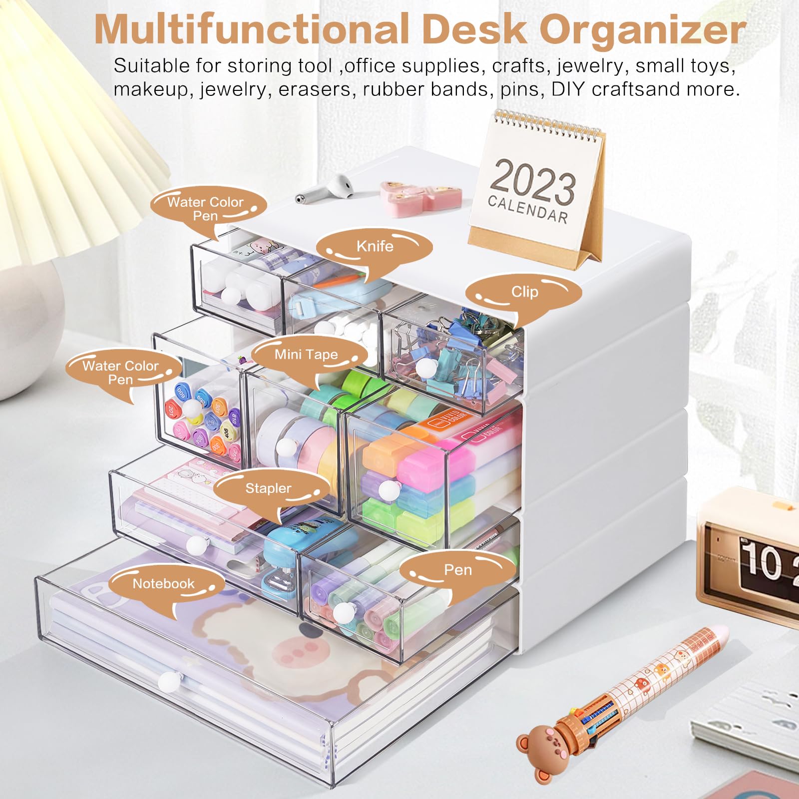 FODIENS - Organizador de almacenamiento de escritorio con 9 cajones, cajones apilables de 4 niveles, caja de almacenamiento transparente para maquillaje, joyas, suministros de manualidades de oficina