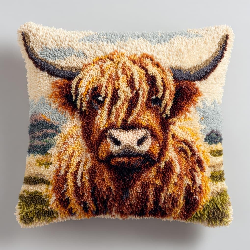 Wallustrioaw Latch Hook Kits For Adults,Highland Cattle,Diy Latch Hook Kit Cushion Throw Pillow Embroidery Craft For Beginner Christmas,Birthday Gifts,17X17in