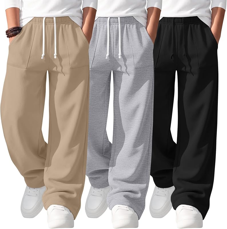 3 Pack Boys Sweatpants School | 6-14Y, Drawstring, Elastic Waist, Pockets, Pocket, Wide Leg, Open Bottom, Athletic, Soft, Lightweight, First Day of School