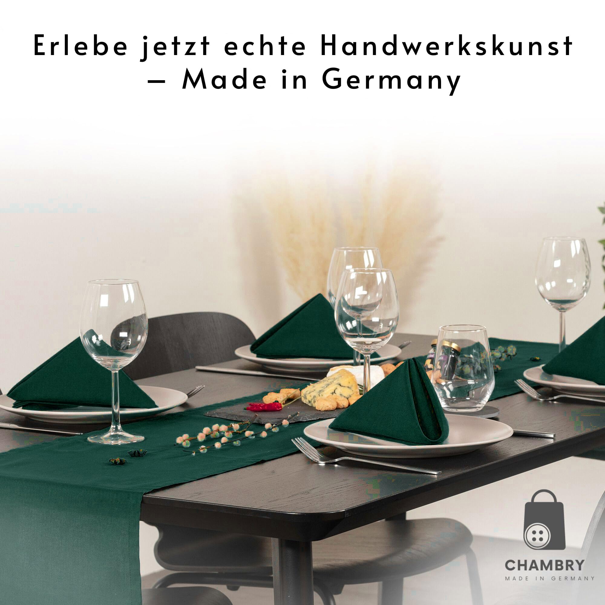 chambry Premium Tischläufer 100% Baumwolle (Canvas) - Handarbeit Made in Germany - nachhaltige hochwertige Tischdekoration - Grün 45cm x 360cm