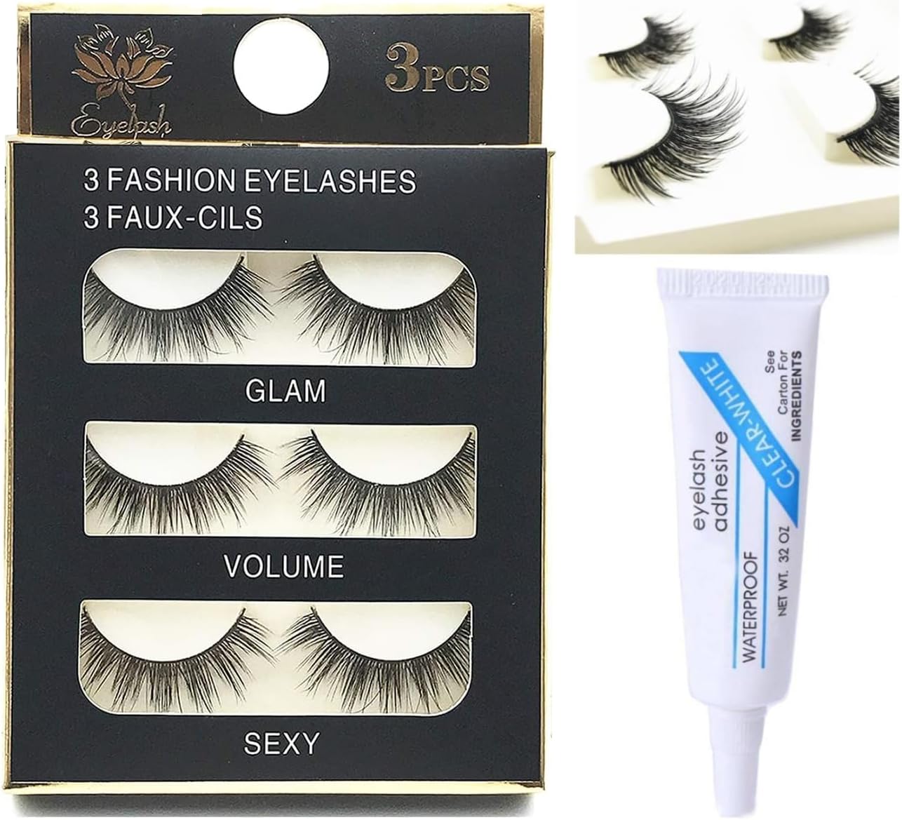 HUDA GIRL Eye Lashes for Women - Black Handmade Natural Thick Long Polyester, 3 Pairs False Eyelashes with Eyelash Glue - Empathetic Reusable Extensions for Womens, Girls - Eyelash with glue Set