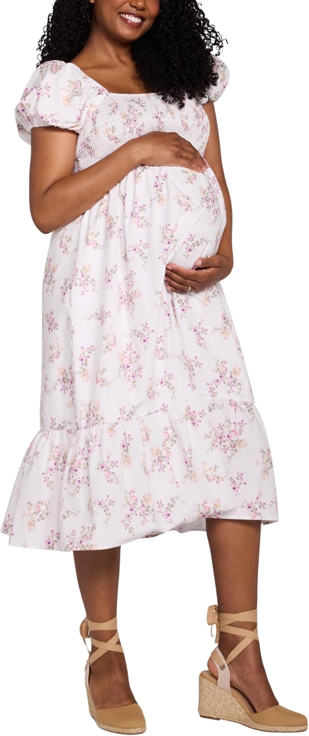 Motherhood Maternity Women's Square Neck Puff Sleeve Smocked Midi Pregnancy Dress