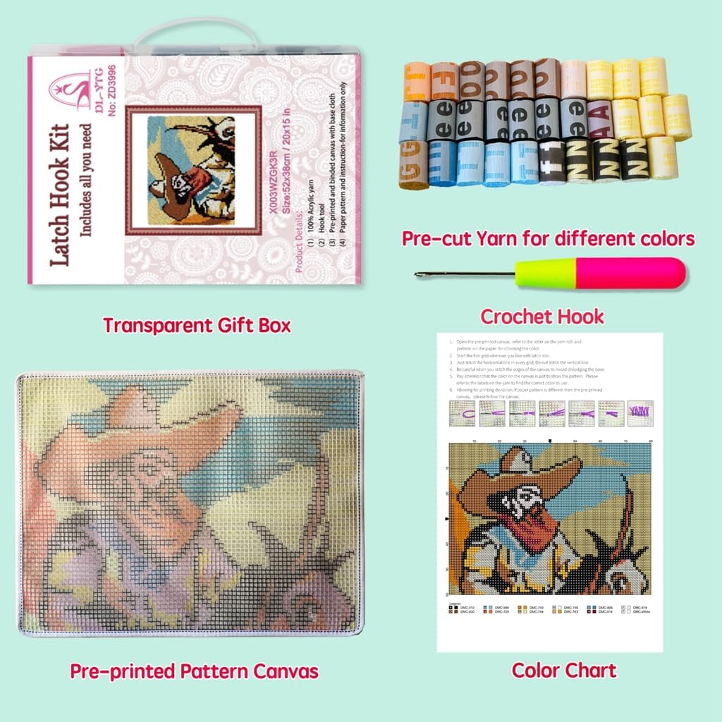 DL-YTG Latch Hook Kits Rug Western Cowboy Crochet Yarn Cushion Colour Pre-Printed Canvas Cover Rug Needlework DIY Hook and Latch Kit Christmas Home Decoration 60X40cm/24x16 inch
