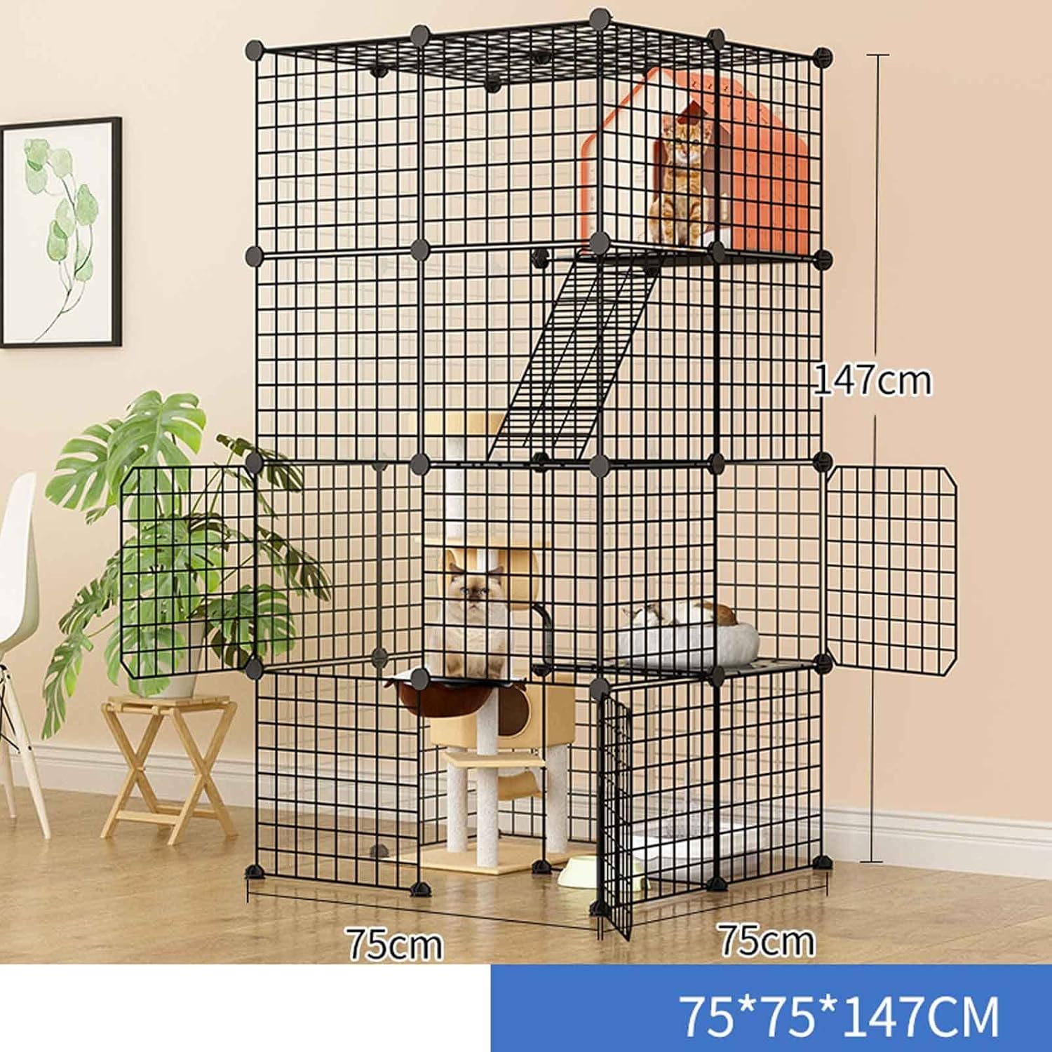 Cat Cages Indoor Large, Metal Pet Playpen Detachable Large Cat Kennels, Kitten Crate for Small Animal DIY Assembly, Super Load Bearing,Exercise Place Ideal for 1-4 Cats (Luxury 75X75X147)