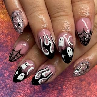 Halloween Press on Nails Medium Almond Fake Nails with Ghost Spider Web Design Glossy Ombre Pink Black Stick on Nails Glitter False Nail Reusable Holiday Glue on Nail for Women Girls Manicure 24Pcs