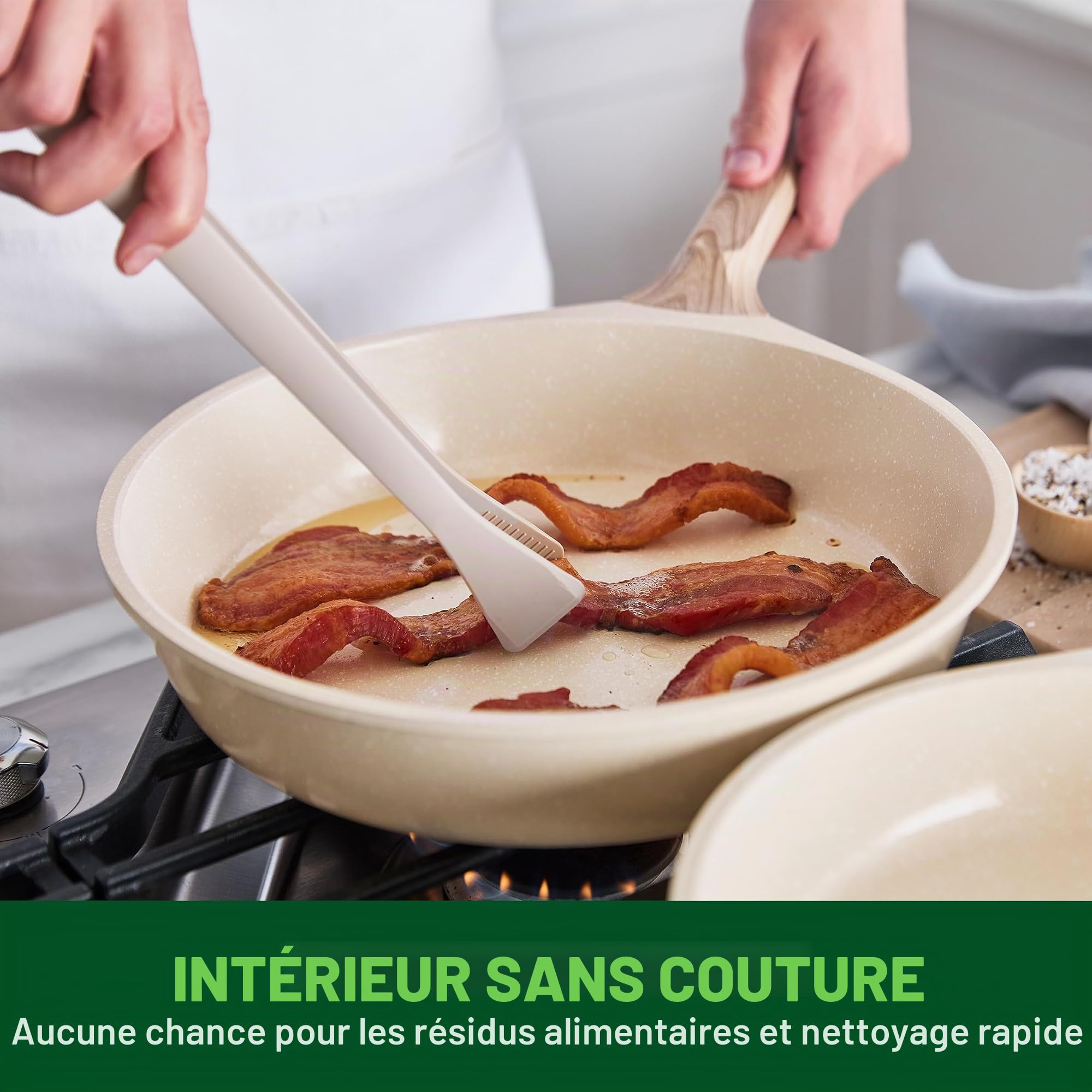 GreenChef Arte Lot de 2 poêles antiadhésives en céramique sans PFAS avec manche en bois Crème 24 cm et 28 cm