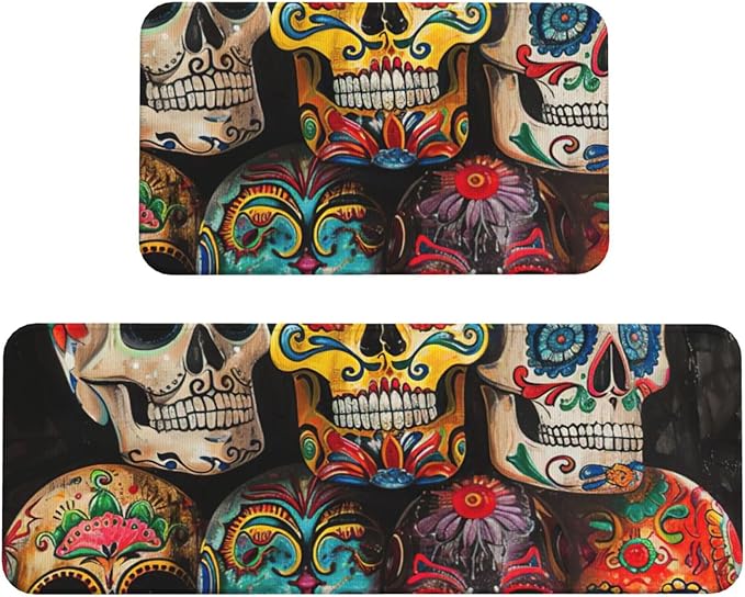 Sugar Skulls Print Waterproof Cushioned Kitchen Mats for Floor 2 Rug Non Slip Anti Fatigue Mat for Laundry Decor