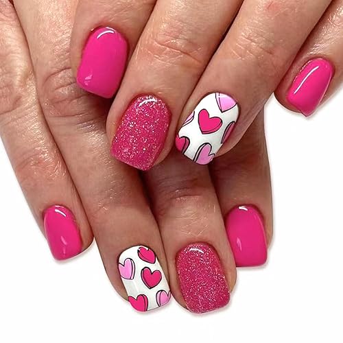 Valentines Press on Nails Short Square Fake Nails Pink White