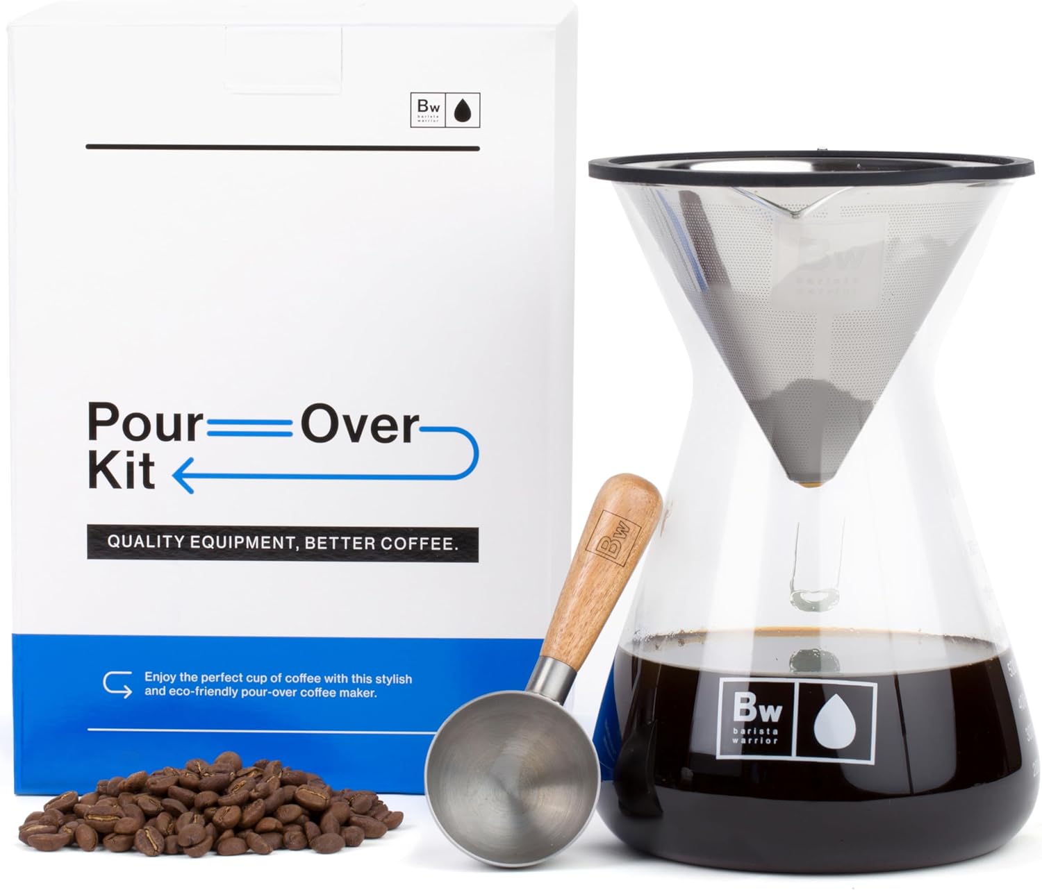 Barista Warrior Pour Over Coffee Maker with Glass Carafe and Reusable Stainless Steel Dripper – Complete Pour Over Coffee Kit with Acacia Wood Scoop for Rich, Flavorful Drip Brewing at Home