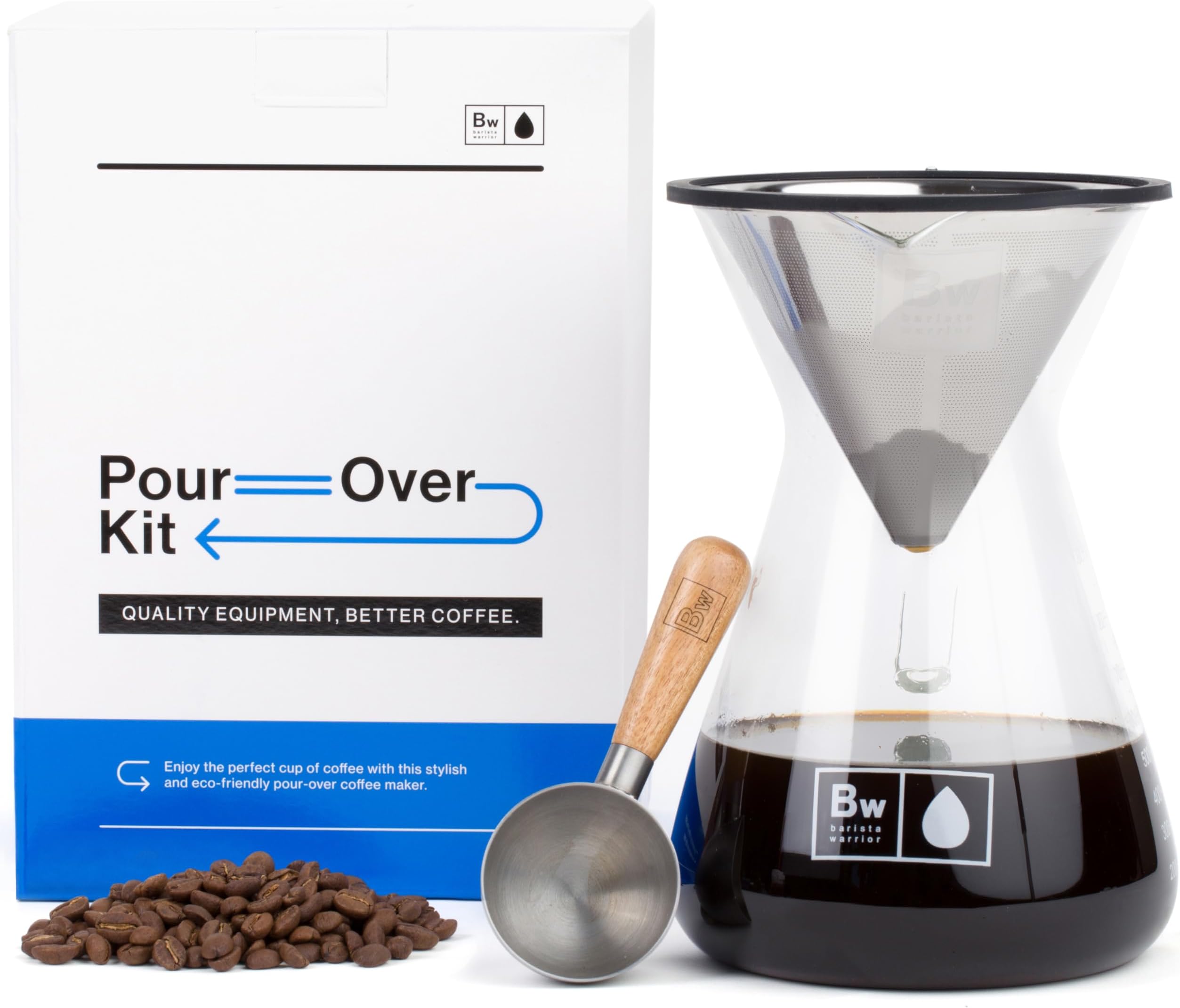 Barista Warrior Pour Over Coffee Maker with Glass Carafe and Reusable Stainless Steel Dripper – Complete Pour Over Coffee Kit with Acacia Wood Scoop for Rich, Flavorful Drip Brewing at Home