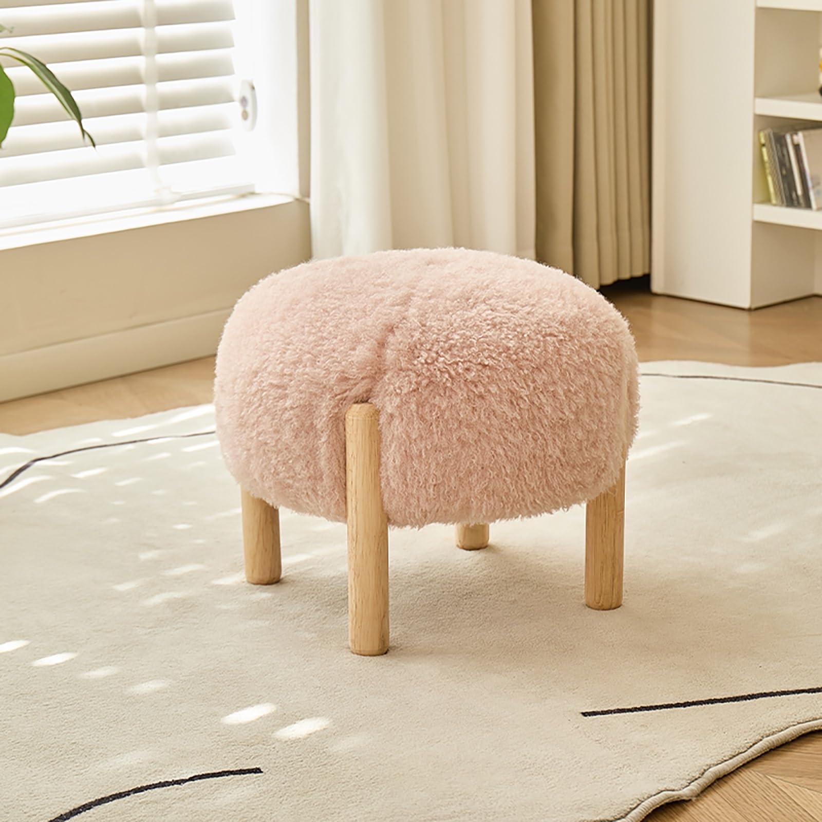 Repose-pieds rembourré lavable en laine rose et bois pour changer de chaussures