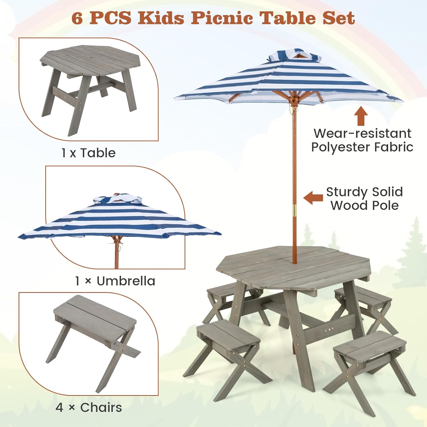KOTEK Kids Picnic Table, Fir Wood Foldable Toddler Octagon Table and Chairs with Height Adjustable Umbrella, Indoor Children Art Play Table, Activity Kids Outdoor Table for Backyard & Patio (Grey)