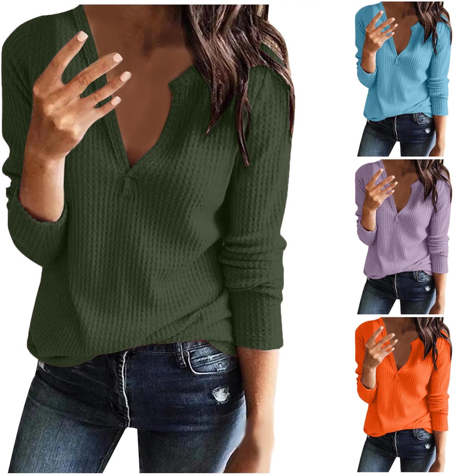 GenericWomens Waffle Knit Tunic Tops Plain Mesh V-Neck Long Sleeve Slouchy Henley Shirts Casual Solid Loose fit Warm Pullover Blouse