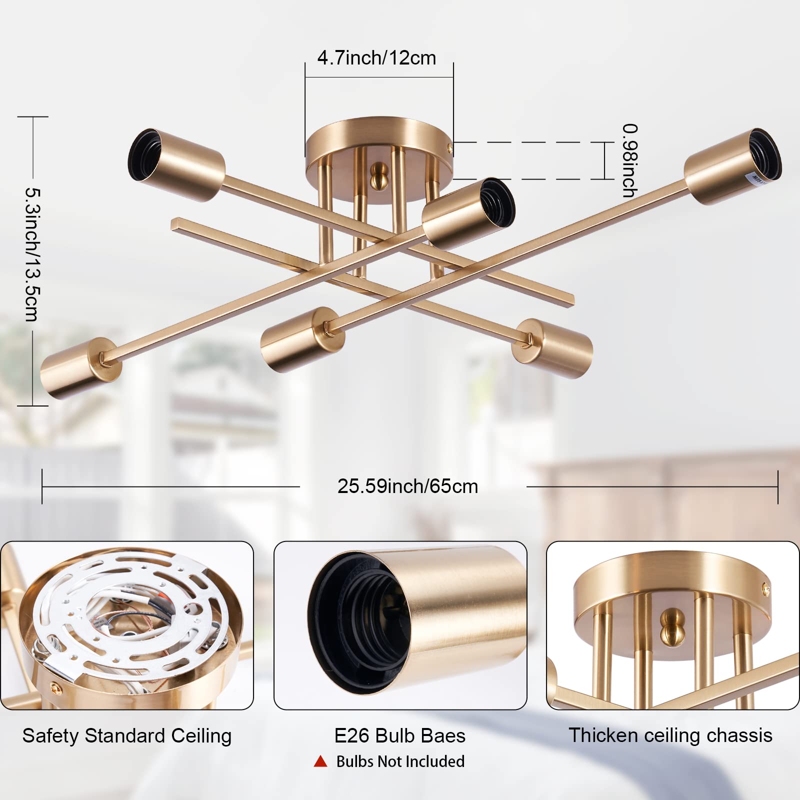 BRKNIT Semi Flush Mount Ceiling Light Fixture, 6-Light Brass Modern Sputnik Chandelier, Farmhouse Kitchen Light Fixtures Ceiling Mount for Bedroom Dining Room Corridor??êLengthen & Assembled Easily??ë