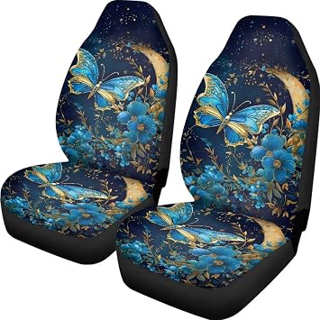 Moon Butterfly Car Seat Covers Set of 2 Blue Floral Captain Chair Seat Cover Full Wrapping Edge Saddle Blanket Cushion Cover for SUV Sedan Trucks Vans