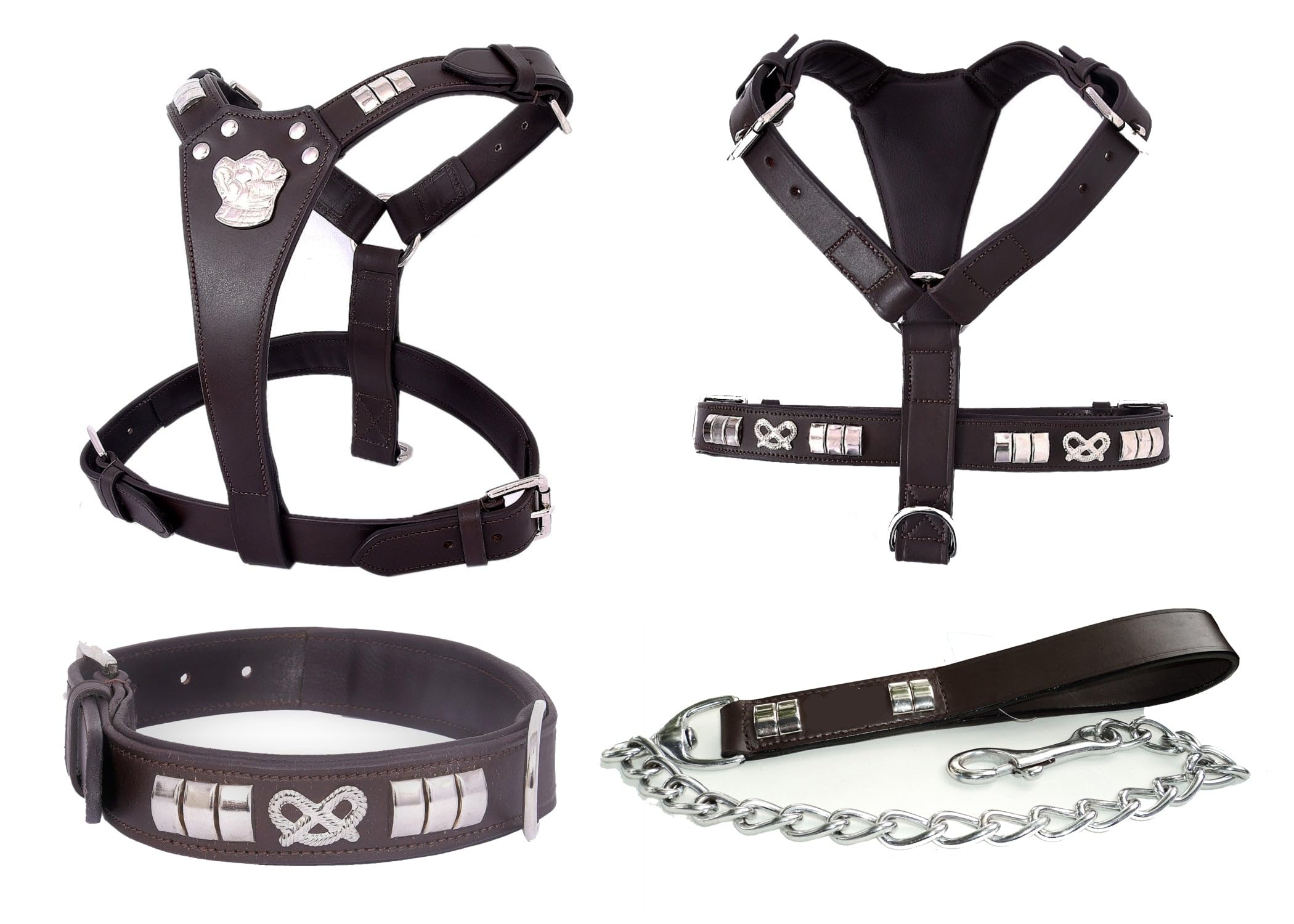 Staffordshire Bull Terrier Leather Dog Harness Collar Lead Set Studded Chrome Fittings 3PCS Set Brown