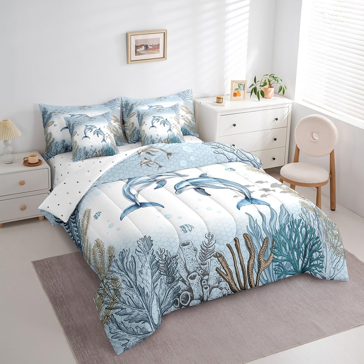 Ocean Dolphin Bed In A Bag 7 Piece Teal Blue Sea Coastal Queen Comforter Set With Sheets Underwater World Bedding Set For Kids Boys Girls Coral Reef Fish Bed Set Kawaii Marine Life Room Decor