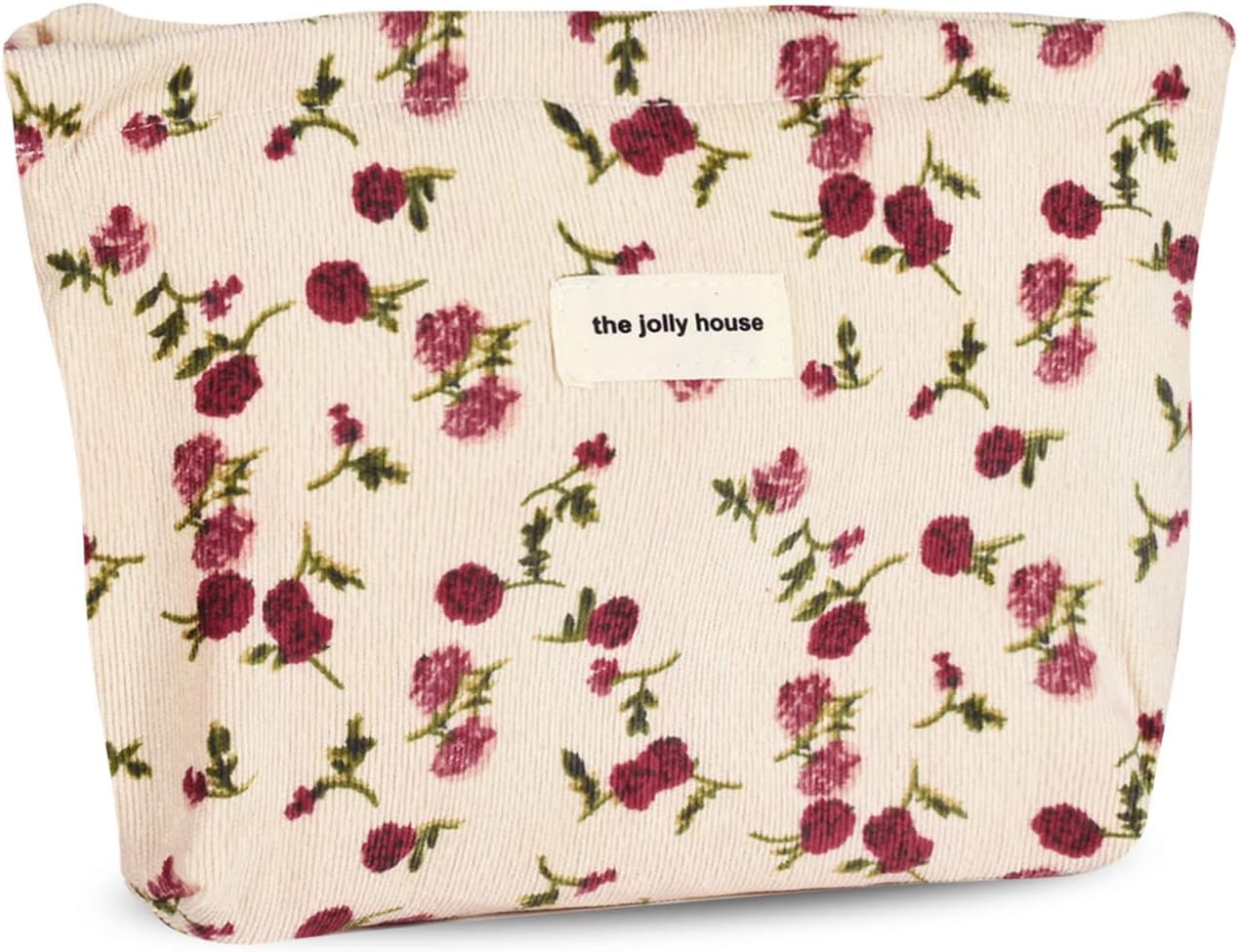 Canvas Cosmetic Bag Rose Flower Printing Corduroy Toiletry Bag Handbag Small Pouch Purse Zipper Pencil Case Toiletry Organizer Storage Beauty Makeup Travel Accessory for Women Girls Gift-Beige
