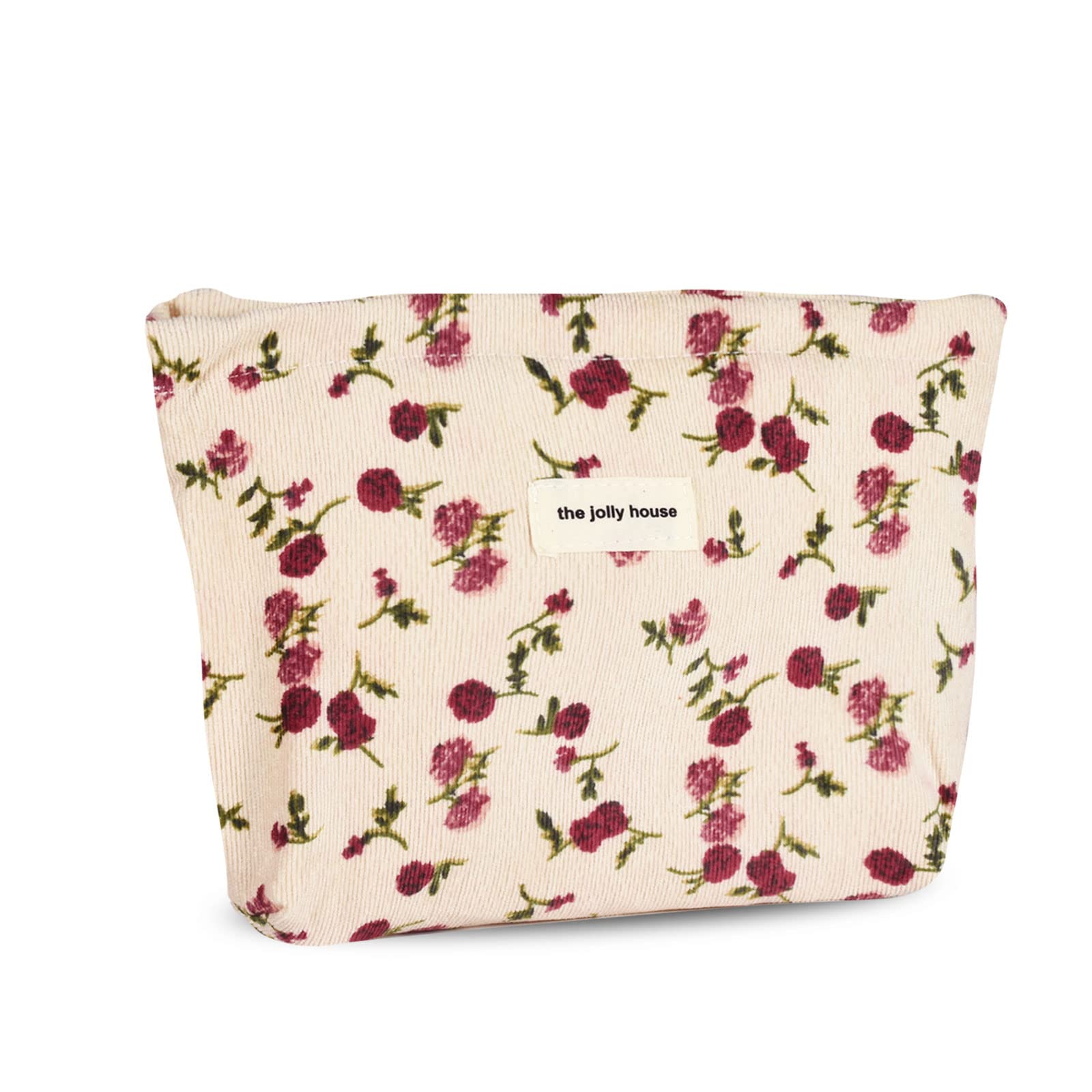 Canvas Cosmetic Bag Rose Flower Printing Corduroy Toiletry Bag Handbag Small Pouch Purse Zipper Pencil Case Toiletry Organizer Storage Beauty Makeup Travel Accessory for Women Girls Gift-Beige