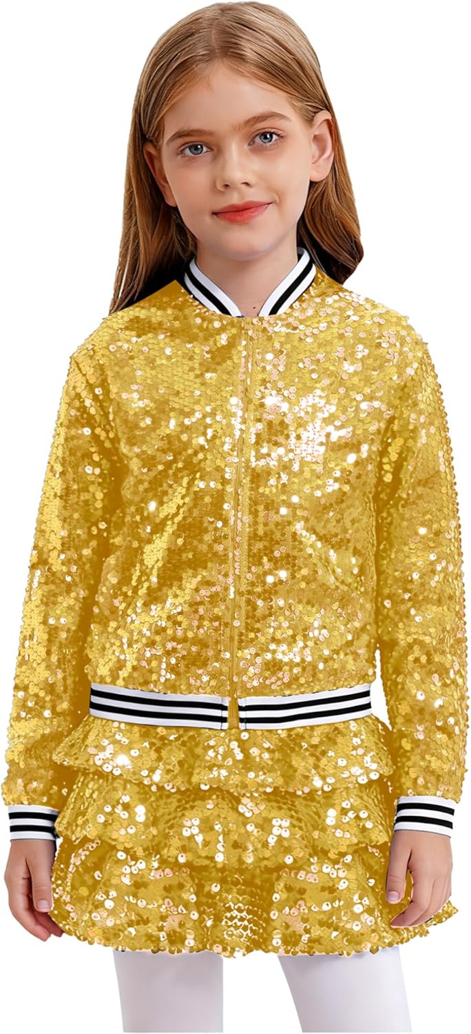 Hularka Sequin Mini Skirt Set for Girls with Zip Up Bomber Jacket Sparkly Glitter Dance Outfits 2 Piece