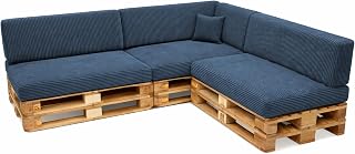 POKAR Palettenkissen 8er Set: 3X Sitzkissen 120x80 + 3X Rückenkissen 120x40 + Seitenkissen + Dekokissen | Palettenauflagen für Palettensofa Cordstoff mit Abnehmbarem Bezug | Made in EU | Marineblau