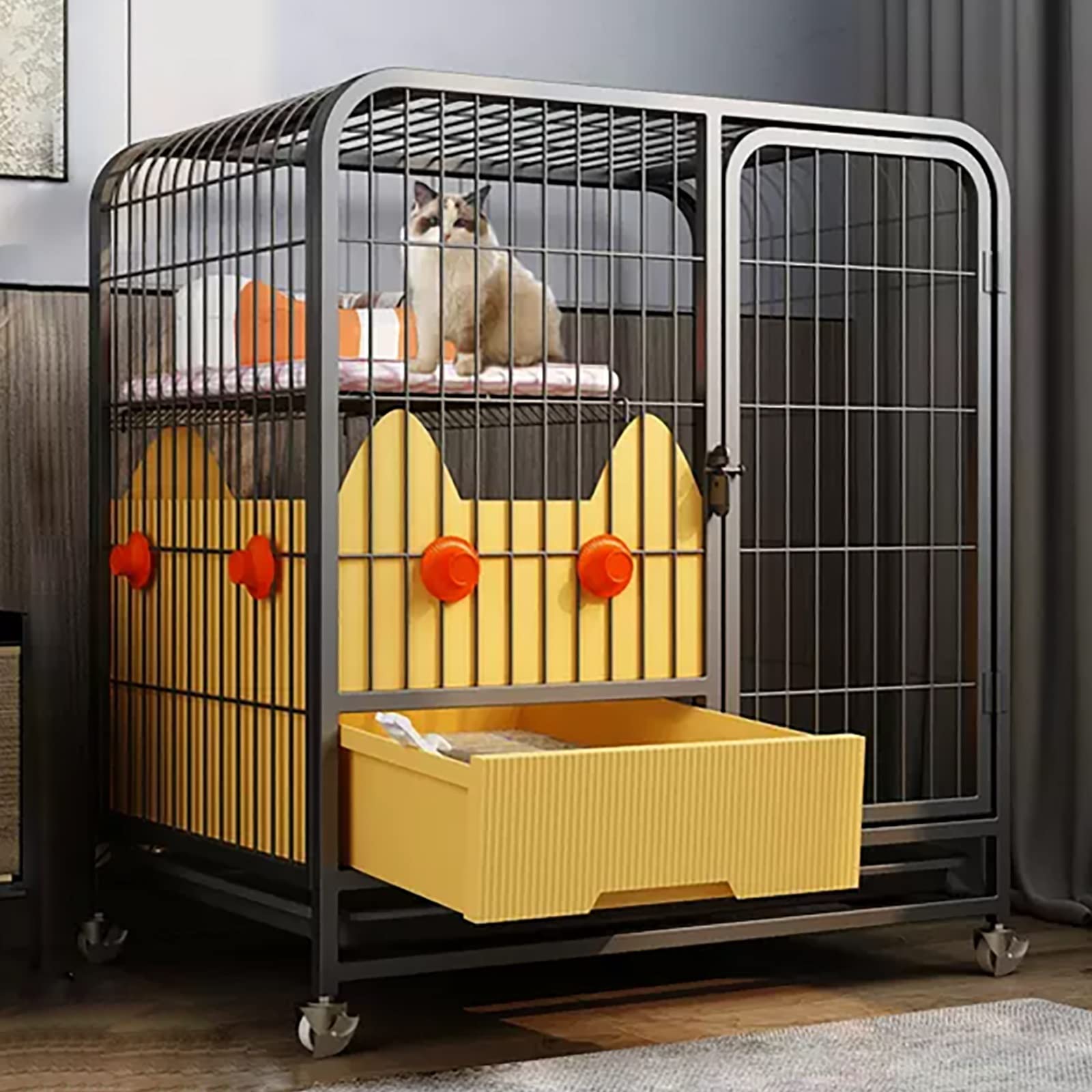 Grande cage pour chat d'intérieur en tube carré avec bac à litière coulissant