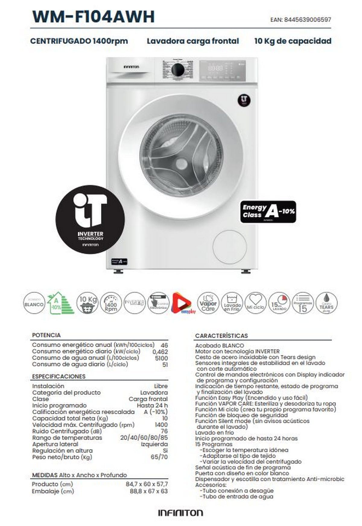 Machine à laver Infiniton WM-F104AWH 10 kg 1400 tr/min A Blanc Vapor Care