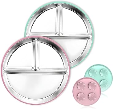 2 Pcs Stainless Steel Toddler Plate with Suction,Metal Toddler Divided Plates with Removable Silicone Sleeves for Kids, Non Slip Unbreakable Baby Snack Dishes Pink & Cyan