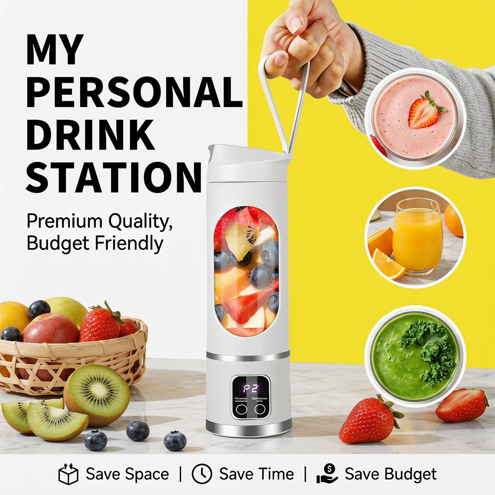 Yuragim Tragbarer Mixer Smoothie Maker To Go, 450ML Portable Blender mit LED Display & 12 Edelstahlklingen, Kabelloser Mini Standmixer USB-C Wiederaufladbar für Shakes, Sport, Reisen und Outdoor