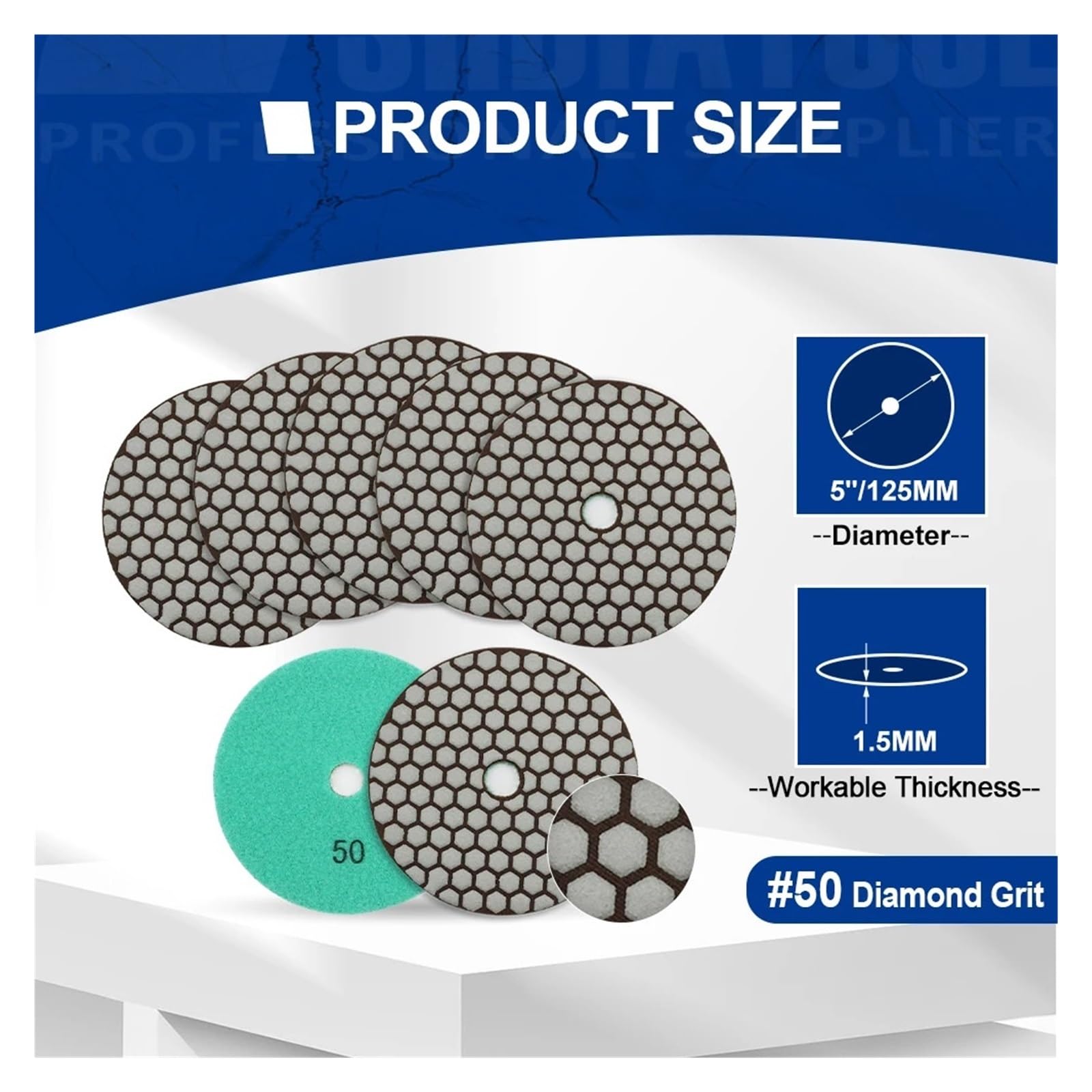 Almohadillas de pulido en seco flexibles de diamante, disco de lijado abrasivo de 125mm/5 ", almohadilla pulidora de azulejos de cerámica, mármol, granito, 4 Uds.(4pcs 50)