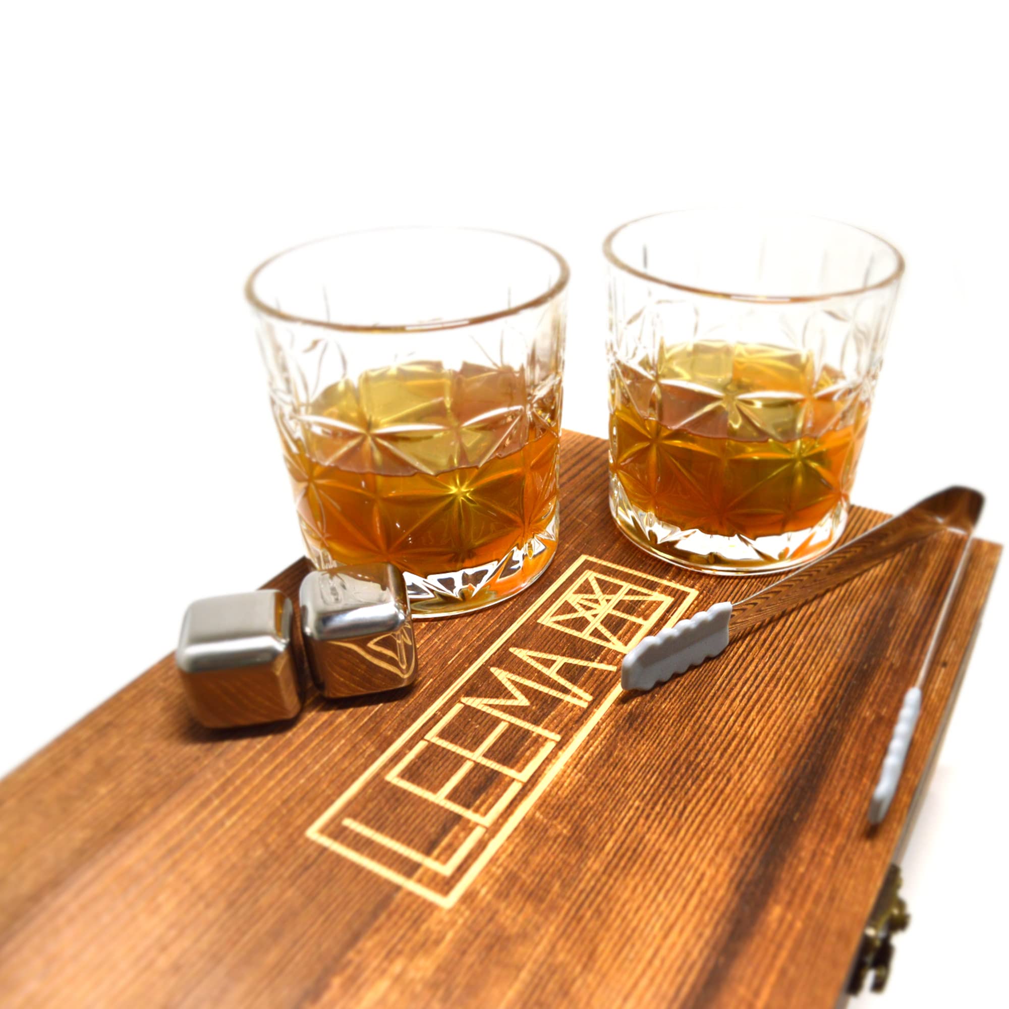 leema Lot de 2 verres à whisky de qualité supérieure avec 2 verres, boîte en bois, 6 cubes réfrigérants brillants réutilisables, pince à glaçons et sac de rangement pratique.