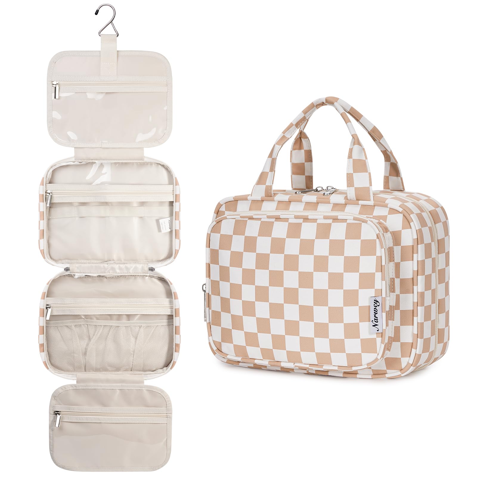 Narwey Checkered Hanging Travel Toiletry Bag for Women Wash Bag Cosmetics Makeup Bag Organizer for Travel Size Accessories(Checkerboard Mint Green (Medium)) — view 19