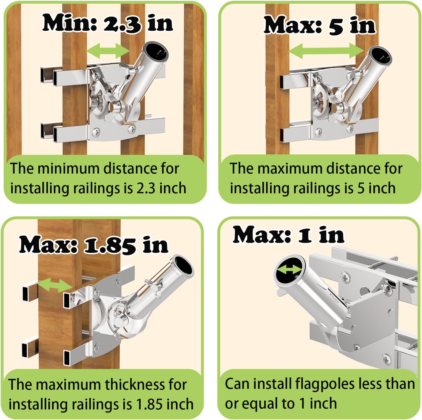 No-Drill 316 Stainless Steel Flagpole Holder – Ideal for Balcony & Deck Railings, Fits 1-Inch Flagpoles on Round or Square Vertical Rails - Perfect for Porches & Fence Rails