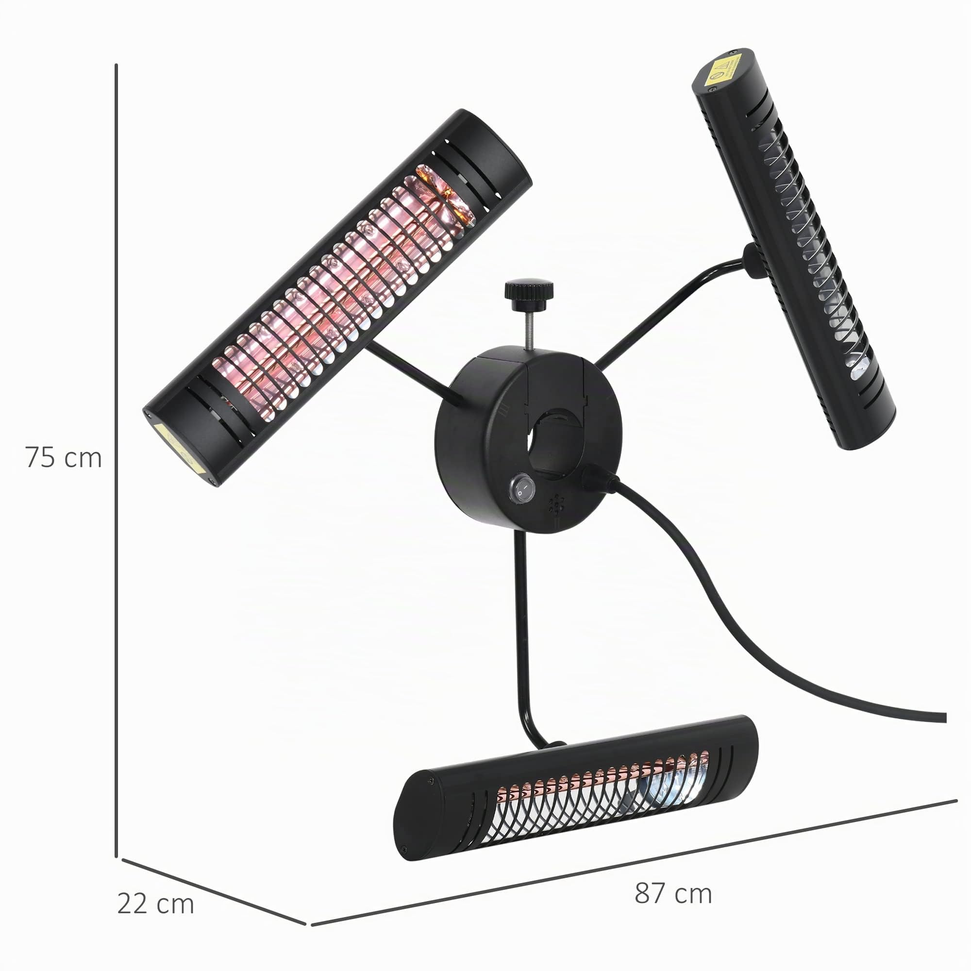 Outsunny Calefactor Eléctrico de Exterior 1000W/2000W/3000W IPX5 12 m² | Estufa de Infrarrojos, 3 Niveles de Calor, Control Remoto, Aleación de Aluminio, para Sombrilla Gazebo Jardín