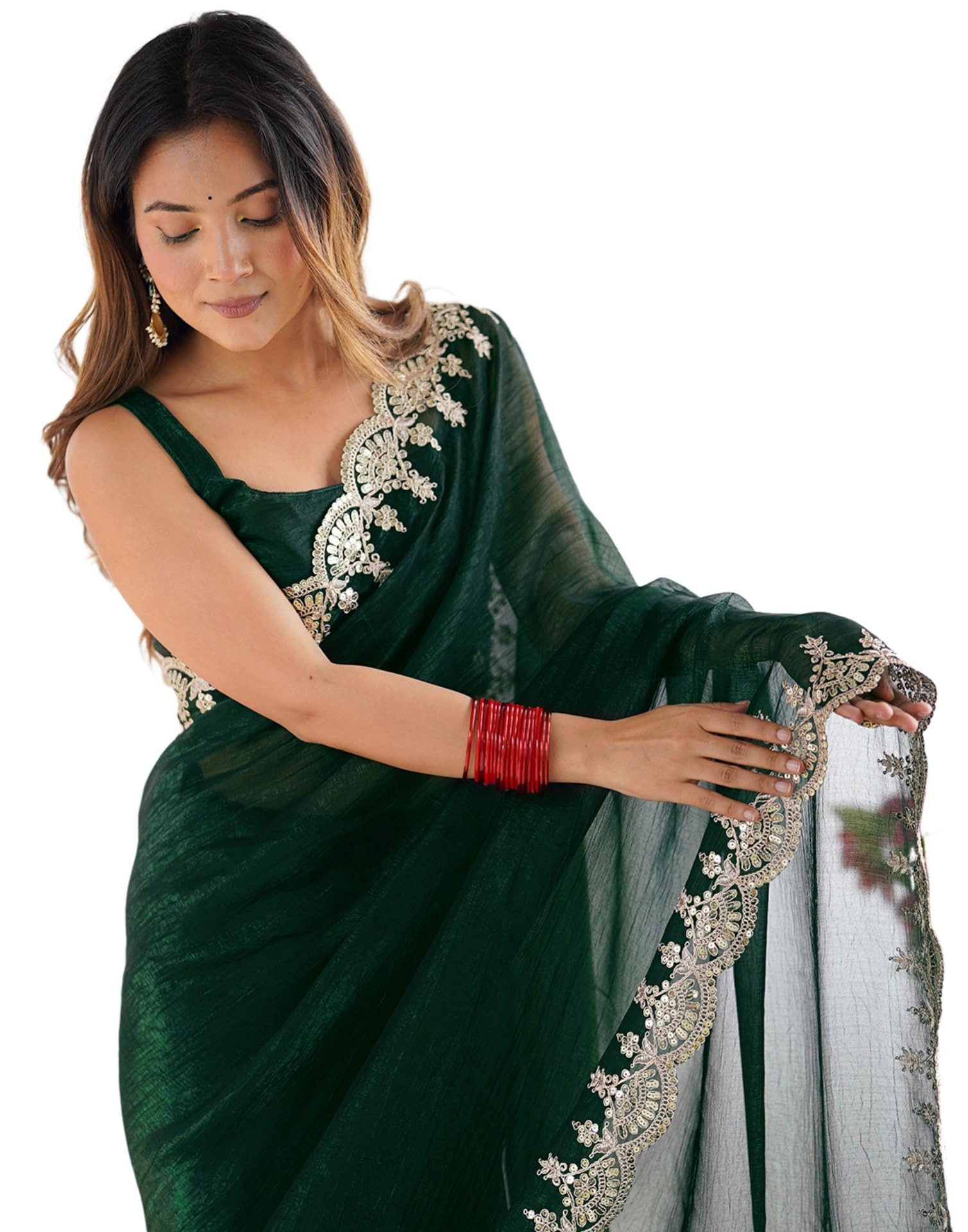 siril Women's Shimmer Chiffon Sequence Embroidery Border Saree With Unstitched Blouse Piece-picture-19