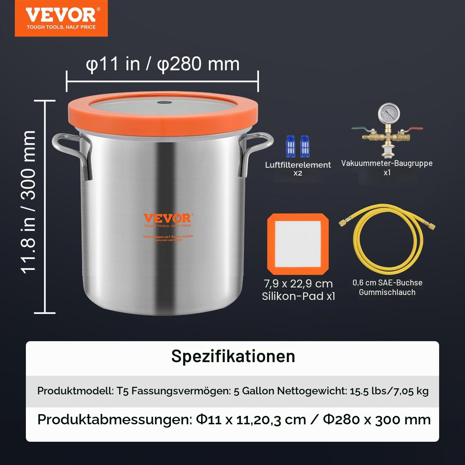 VEVOR 19 L Vakuumkammer Edelstahl Vakuum Entgasungskammer (Durchmesser 28 cm, Höhe 30 cm) Unterdruckpumpe Vakuumkammer Ideal zum Stabilisieren von Holz und Entgasen von Silikon, Harz, Polyurethan