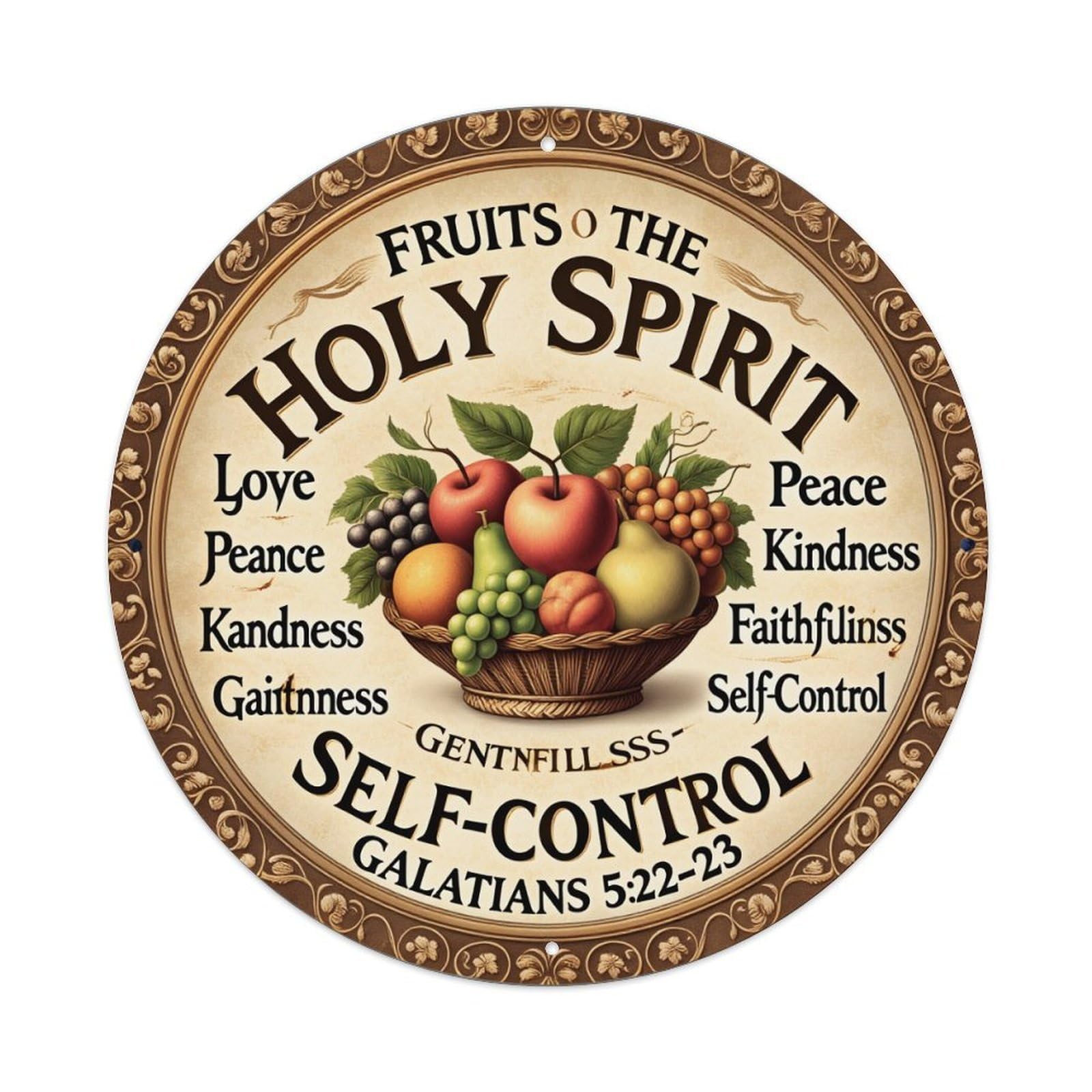 Fruits Of The Holy Spirit Round Tin Sign Vintage Metal Poster, Home Bar Garage Man Cave Cafe Indoor & Outdoor Wall Decoration 8x8Inches