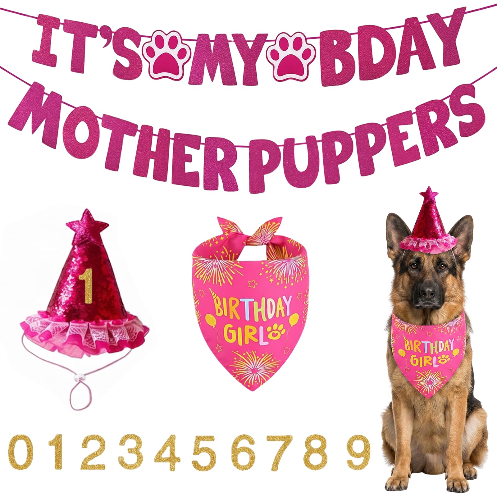 4 Pcs Dog Birthday Decorations It’s My Bday Mother Puppers Banner and Bow Tie Dog Birthday Hat with Numbers for Dogs Pets Party Supplies (Pink)