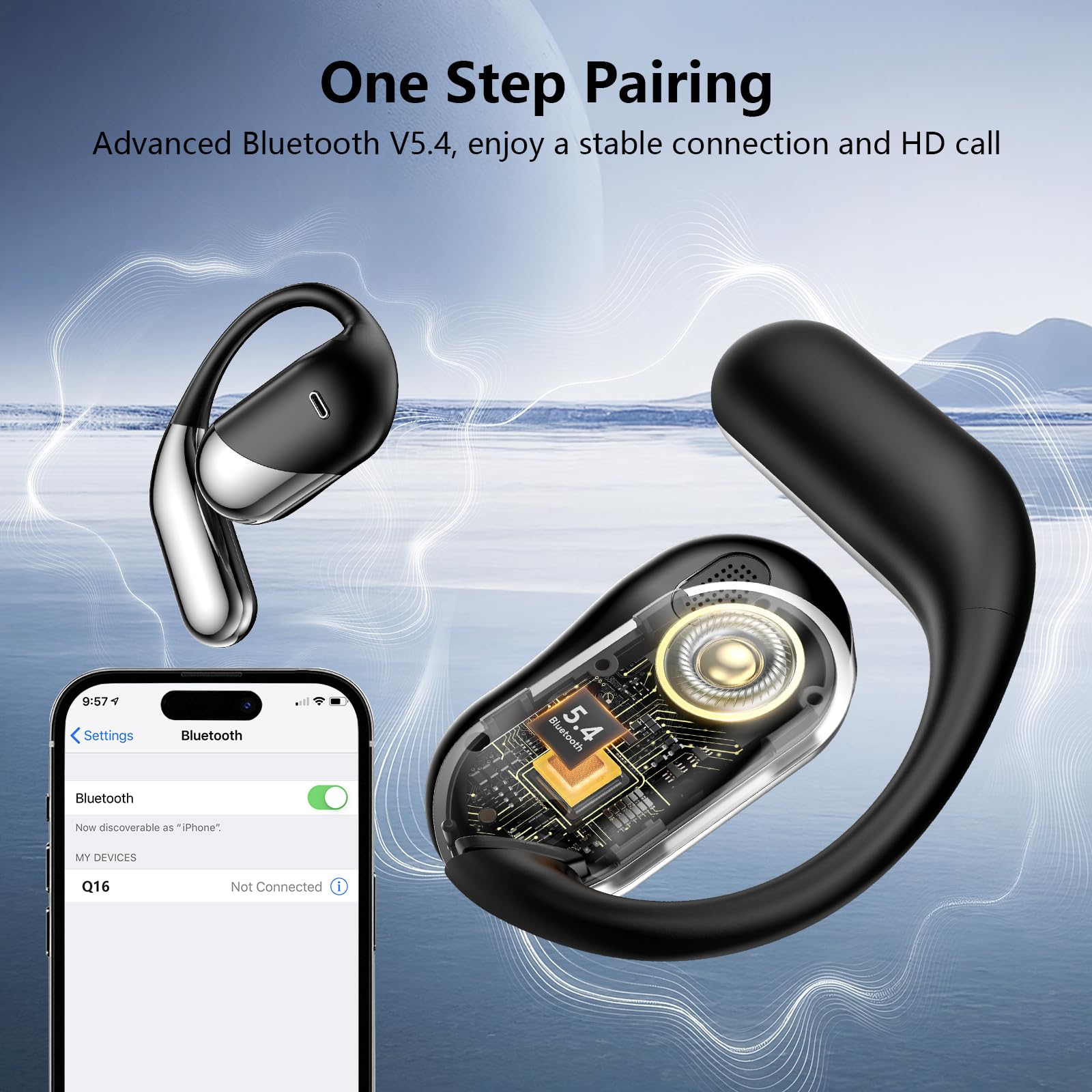 Auricolari senza fili con clip a conduzione ossea, Bluetooth, microfono integrato, impermeabili, display a LED, ganci per le orecchie, design ultra confortevole per corsa, passeggiate, ufficio, regalo