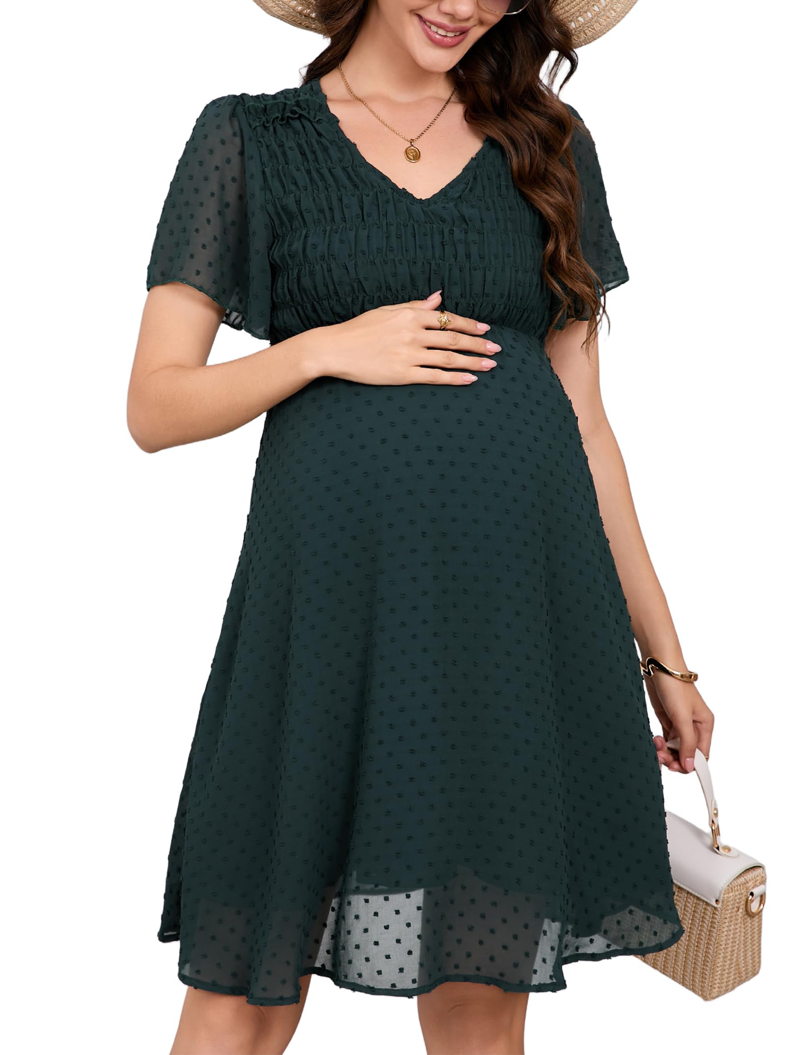 KOJOOIN Damen Umstandskleid Kurzarm V-Ausschnitt Stillkleid Sommer Elegant Swiss Dot Schwangerschaftskleid Schwangere Kleid(Verpackung MEHRWEG)
