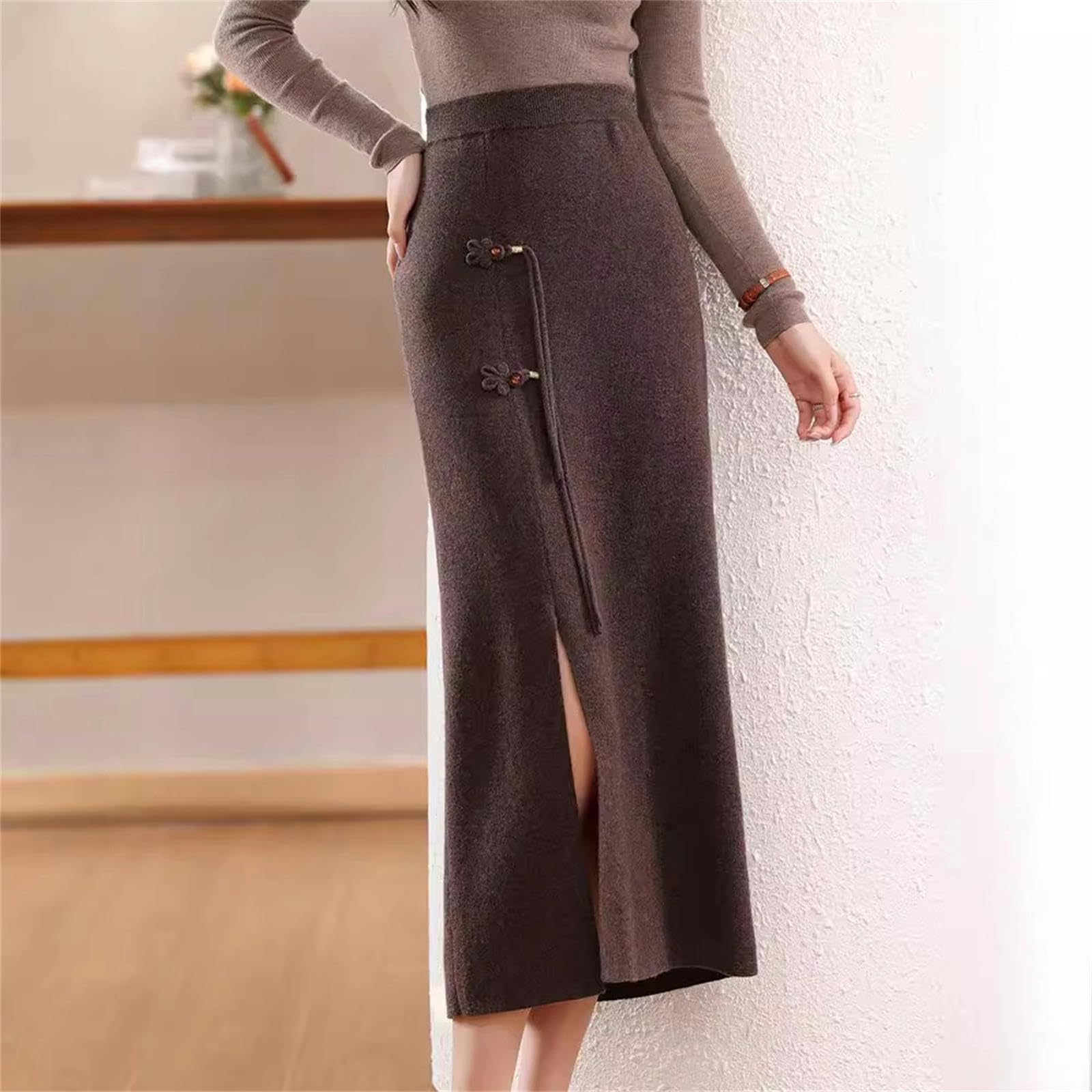 Gonna Midi Donna metà Maglia A Maglia -Gonna Corpo Fibbia Femminile Autunno E Inverno Lungo La Vita Alta in Vita Sottile Sottile Gonna All'anca Selvatica