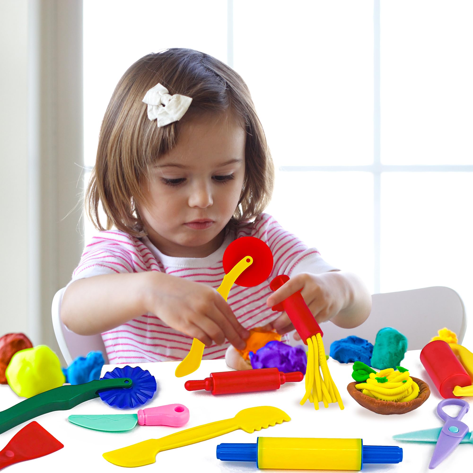 Oun Nana Playdough Tool Set for Kids, 10 PCS Basic Playdough Starter Set, Playdough Accessories with Pizza Cutter, Safety Scissors, Rolling Pin, Roller, Dough Extruder, Plastic Playdough Toys - Image 5