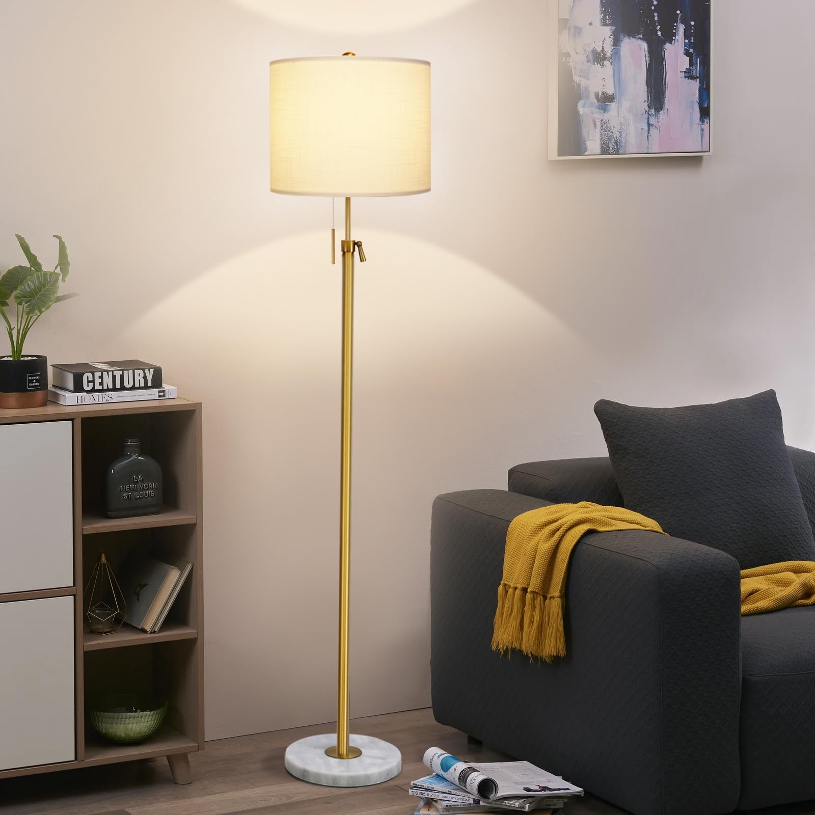 Qingmiao Stehlampe Wohnzimmer Modern Stehleuchte Standleuchte 140-168cm höhenverstellbare Leselampe mit Leinen-Lampenschirm, 3 Farbtemperatur,E27 Fassung, Gold (9W Glühbirne inklusive)