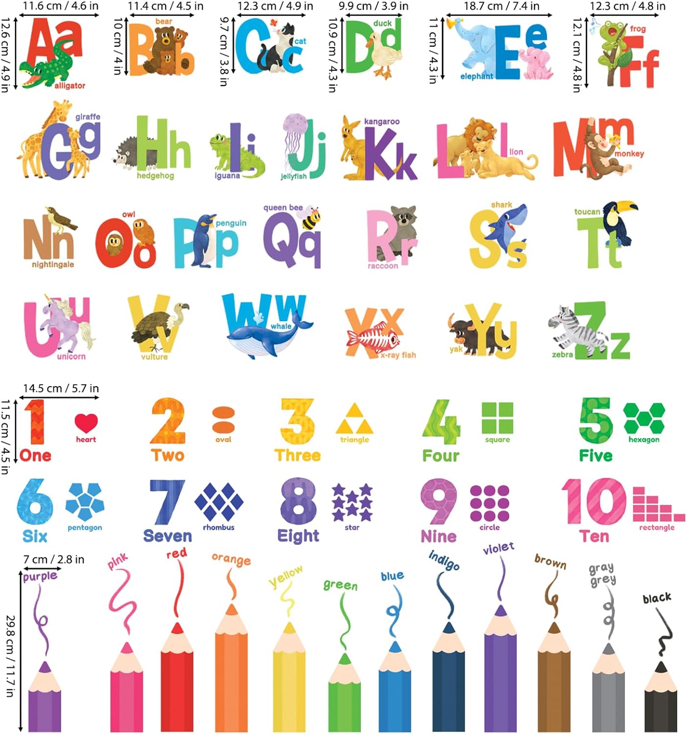 DECOWALL SG3-2316 Alphabet Numbers and Colouring Pencils Wall Stickers Decals Classroom Kids playroom Art Play Room Rainbow ABC Decorations Toddler Color Child Preschool Living Baby Girl Baby boy