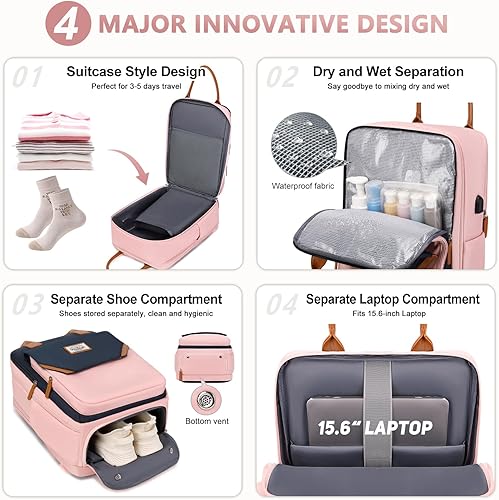 Miniatura 3 de FIXITOK Mochila de viaje grande para mujer, 40L, mochila de equipaje personal, mochila casual, Azul oscuro-rosa, Mochilas de viaje