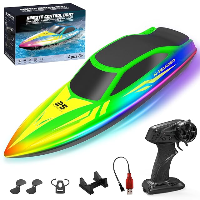 WUQNGI Barco Teledirigido Profesional con Luces LED de 7 Modos, Lancha Teledirigida de Alta Velocidad para Niños y Adultos, Barco RC para Piscina y Lago, 2 Baterías 120 Min, 2.4GHz, Autoadrizable