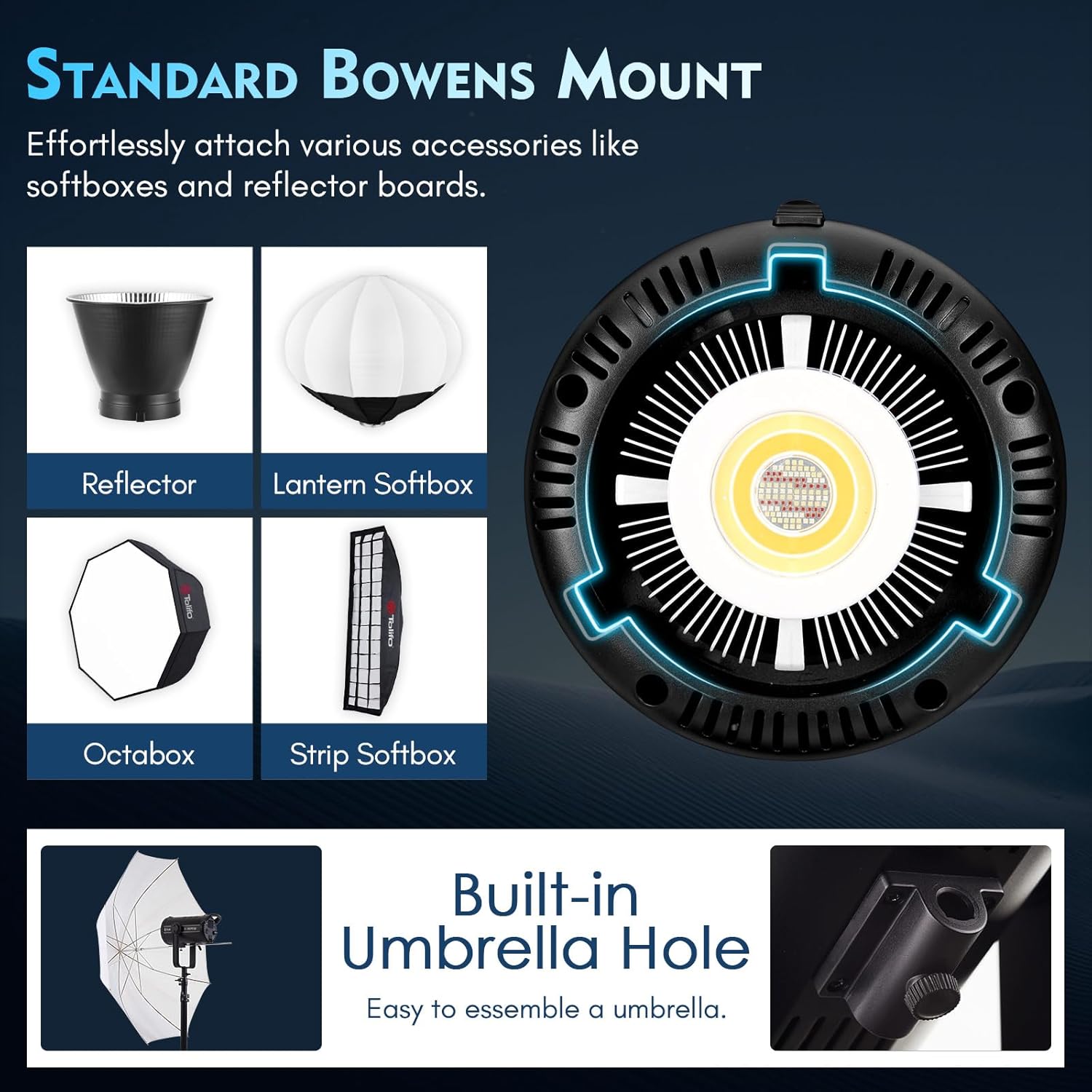 Diagram illustrating the standard Bowens Mount and built-in umbrella hole on the Tolifo X-180 RGB LED Video Light.