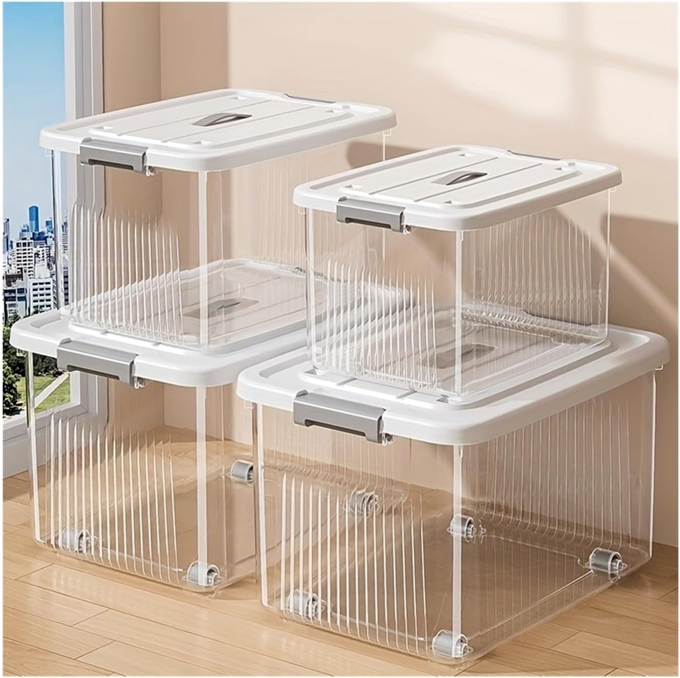 Set of 3 Transparent Plastic Storage Bins with Wheels - Extra-Large Stackable clear Containers Featuring Hidden Caster Wheels And Handles, Under-Bed Storage for Closets(Large-black)