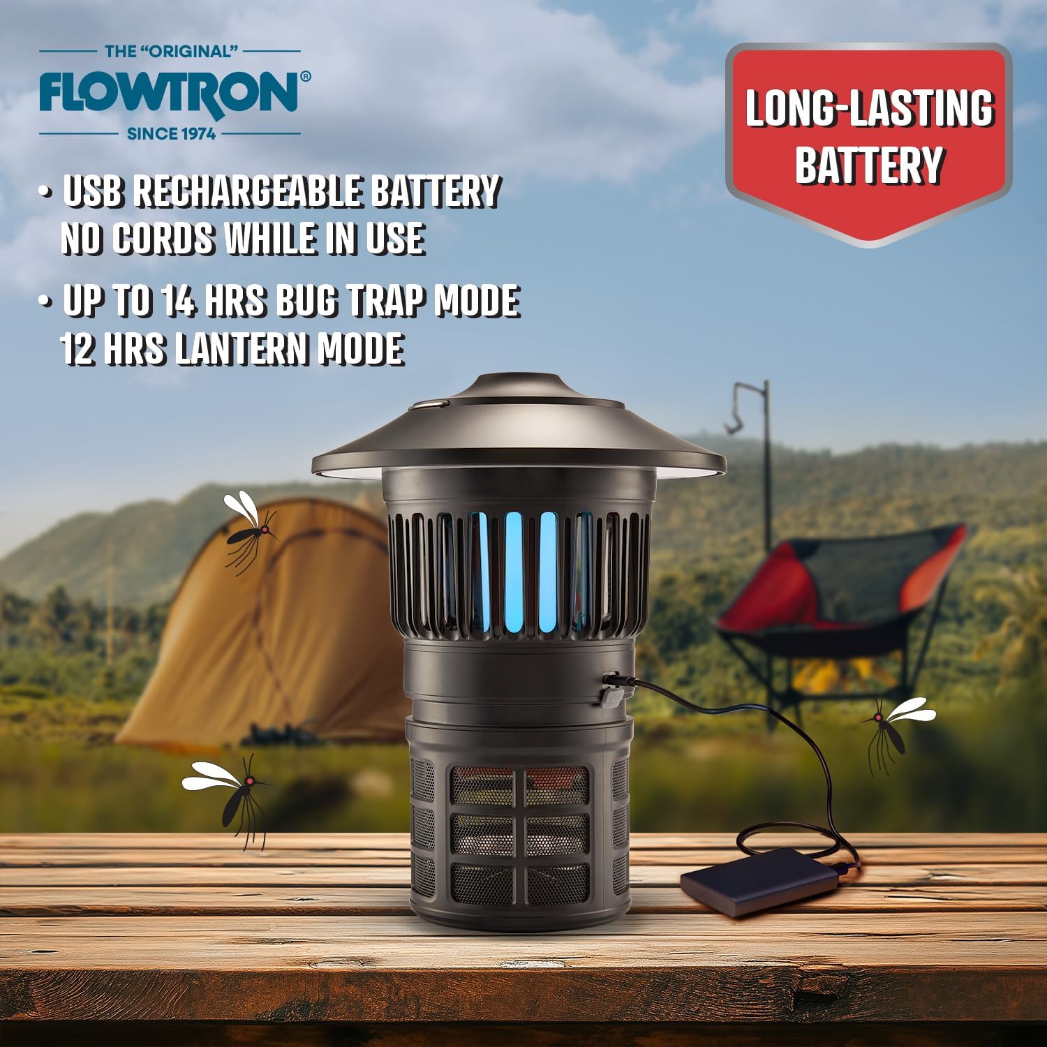 Flowtron Bug Trap Lantern | 2-in-1 UV Mosquito Trap & LED Camping Lantern, 21000 Sq Ft Coverage, 4000mAh Rechargeable Battery, Cordless Insect Trap with Fan for Patio Backyard Indoor Outdoor