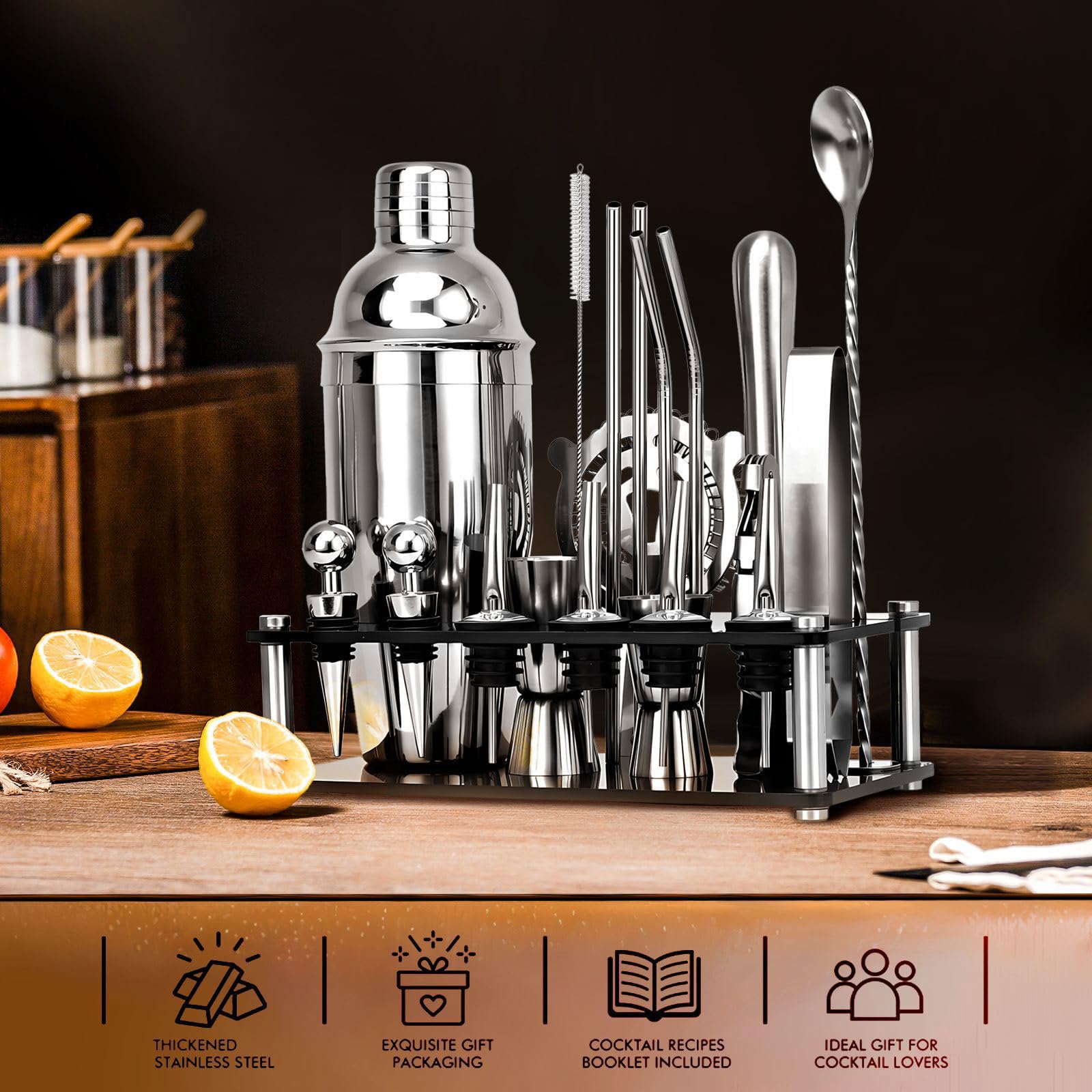 Coctelera para Cócteles Kit 20 piezas Coctelera de Acero Inoxidable Con Soporte acrílico Profesional Barman Herramientas Cóctel Recetas set de regalo para Mezclar Bebidas,Barra,hogar,Fiestas